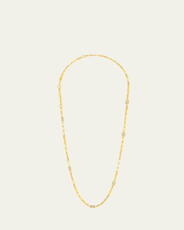 18K Yellow Gold Block Chain Medium 6 Pave Diamond Station Links Necklace